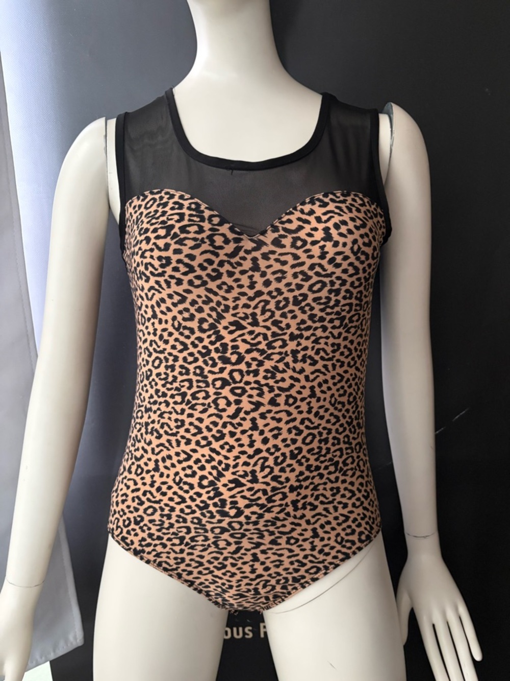 Leopard Print Mesh Yoke Bodysuit - Black/Tan